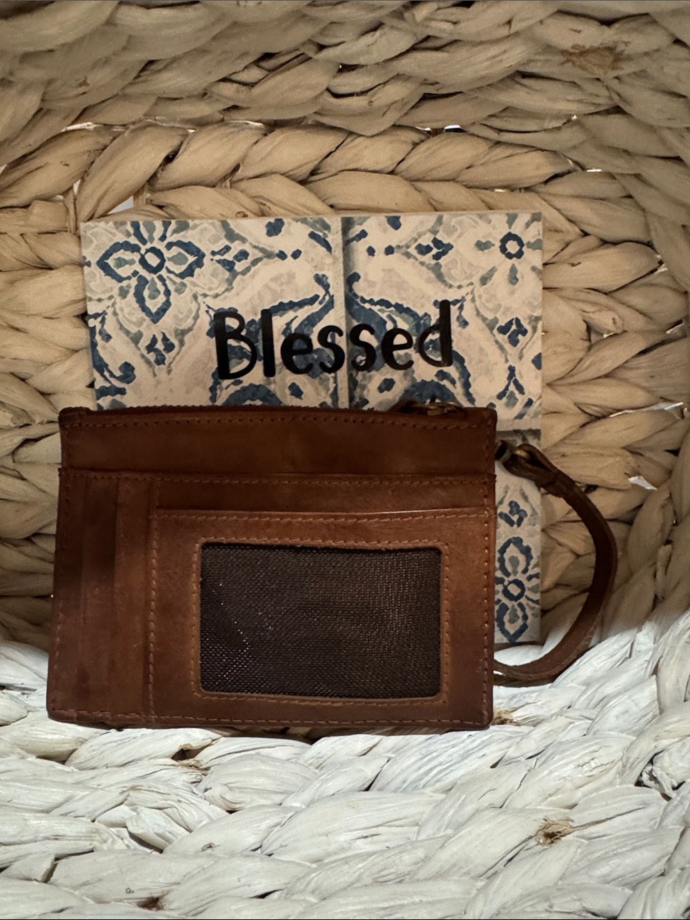 Brown Leather Mini Wristlet Card Holder - Blank Brand